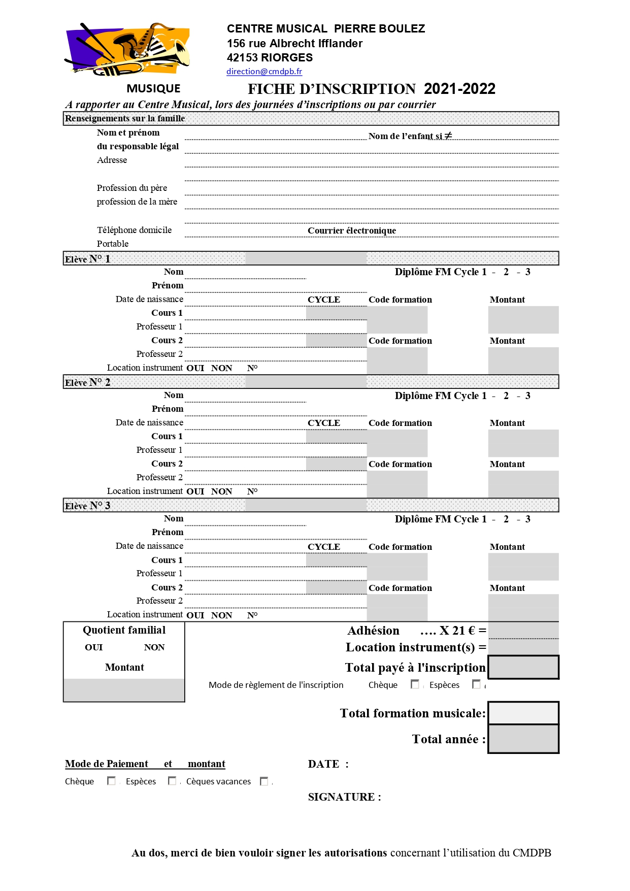 fiche Inscription musique 2021 2022, Recto